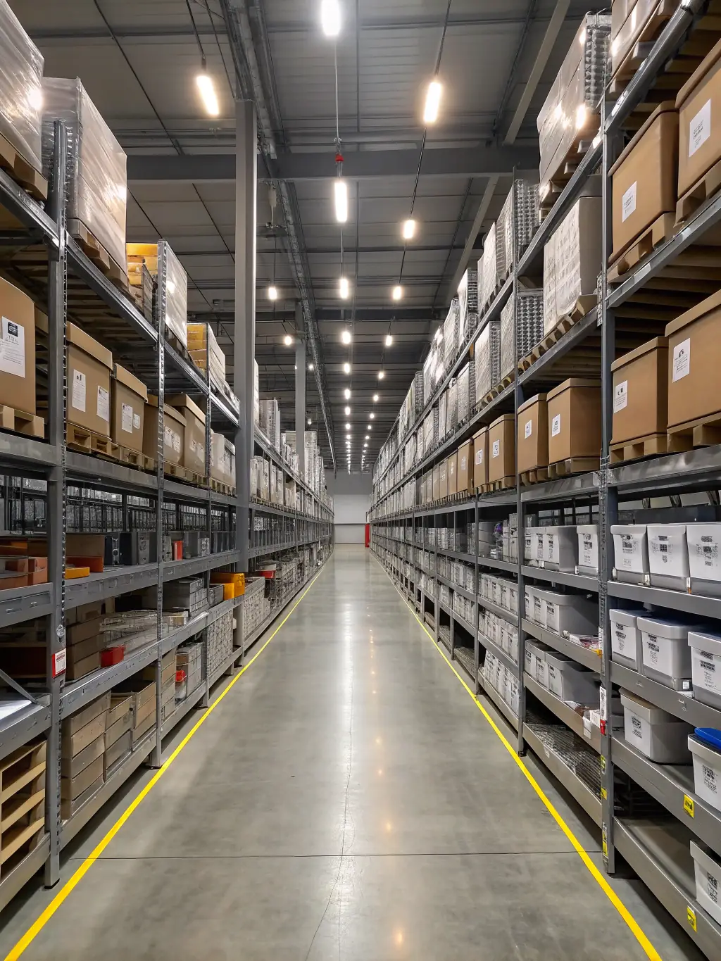 An organized and well-maintained warehouse interior, showcasing pallets of packaged petroleum products, highlighting Eco-Logistics GmbH's warehousing capabilities.