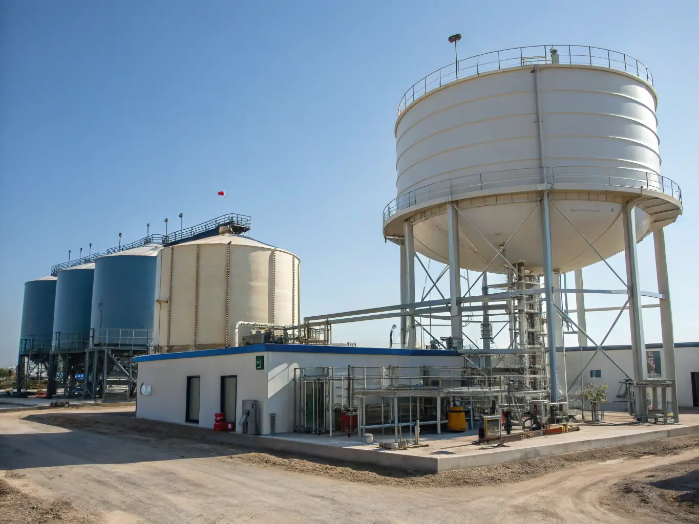 A close-up shot of Eco-Logistics' storage tanks, showcasing the advanced safety and monitoring systems in place, with a focus on environmental protection measures.