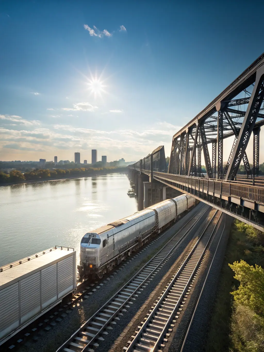 A dynamic image of a freight train loaded with tanker cars, moving across a scenic landscape, symbolizing Eco-Logistics GmbH's efficient freight transportation arrangement services.