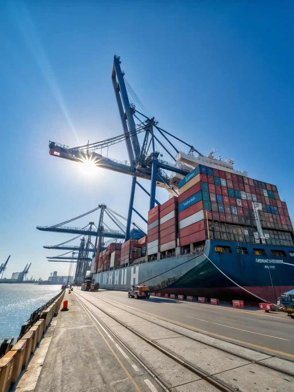 A modern cargo ship being loaded with containers at a bustling port, representing Eco-Logistics GmbH's comprehensive transportation solutions.