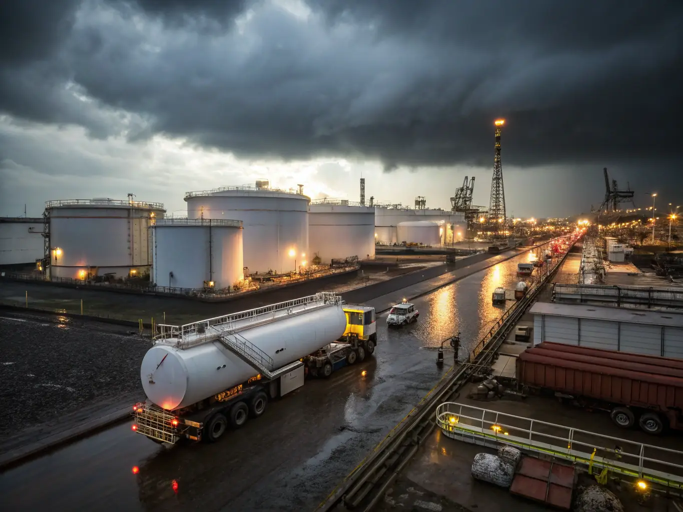 A high-angle, wide shot of the Houston terminal at sunset, showcasing the vast storage tanks and logistical infrastructure. The image should convey a sense of scale and efficiency.