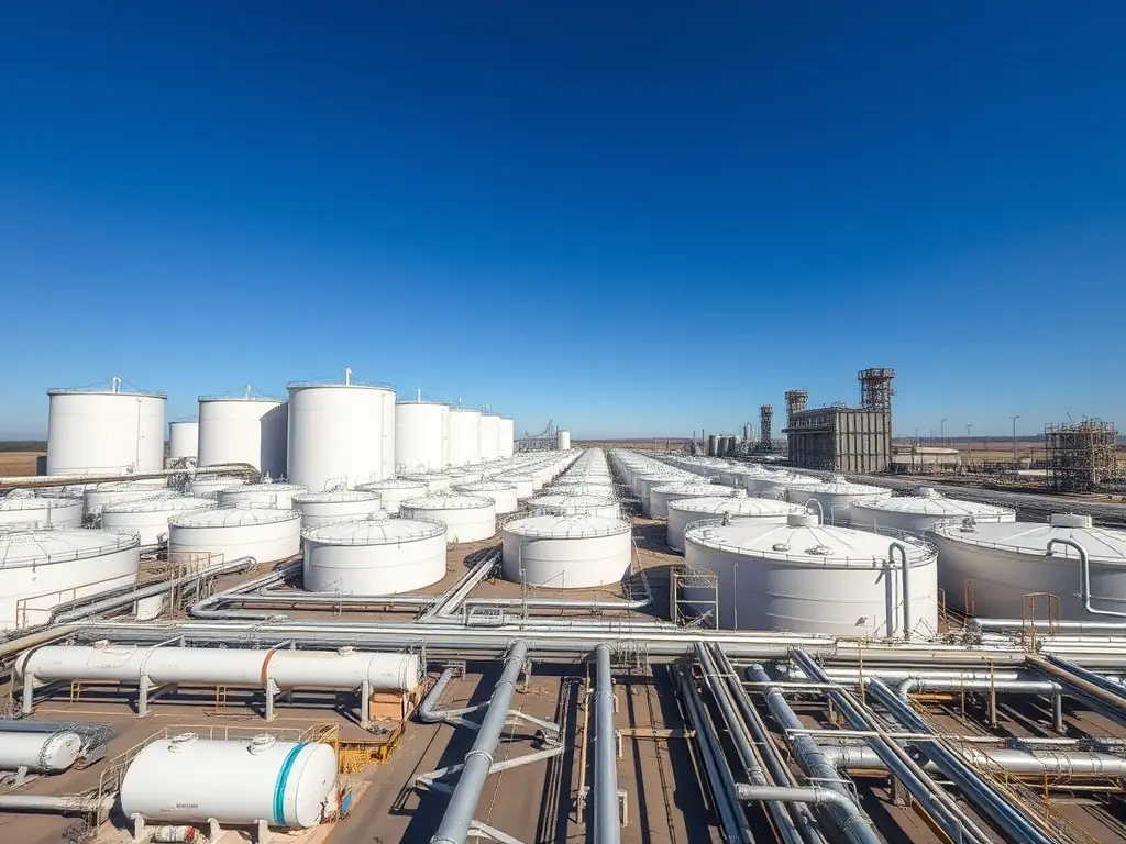 An aerial view of Eco-Logistics' warehousing facilities, highlighting the scale and organization of the storage operations, with various petroleum products clearly labeled and stored safely.