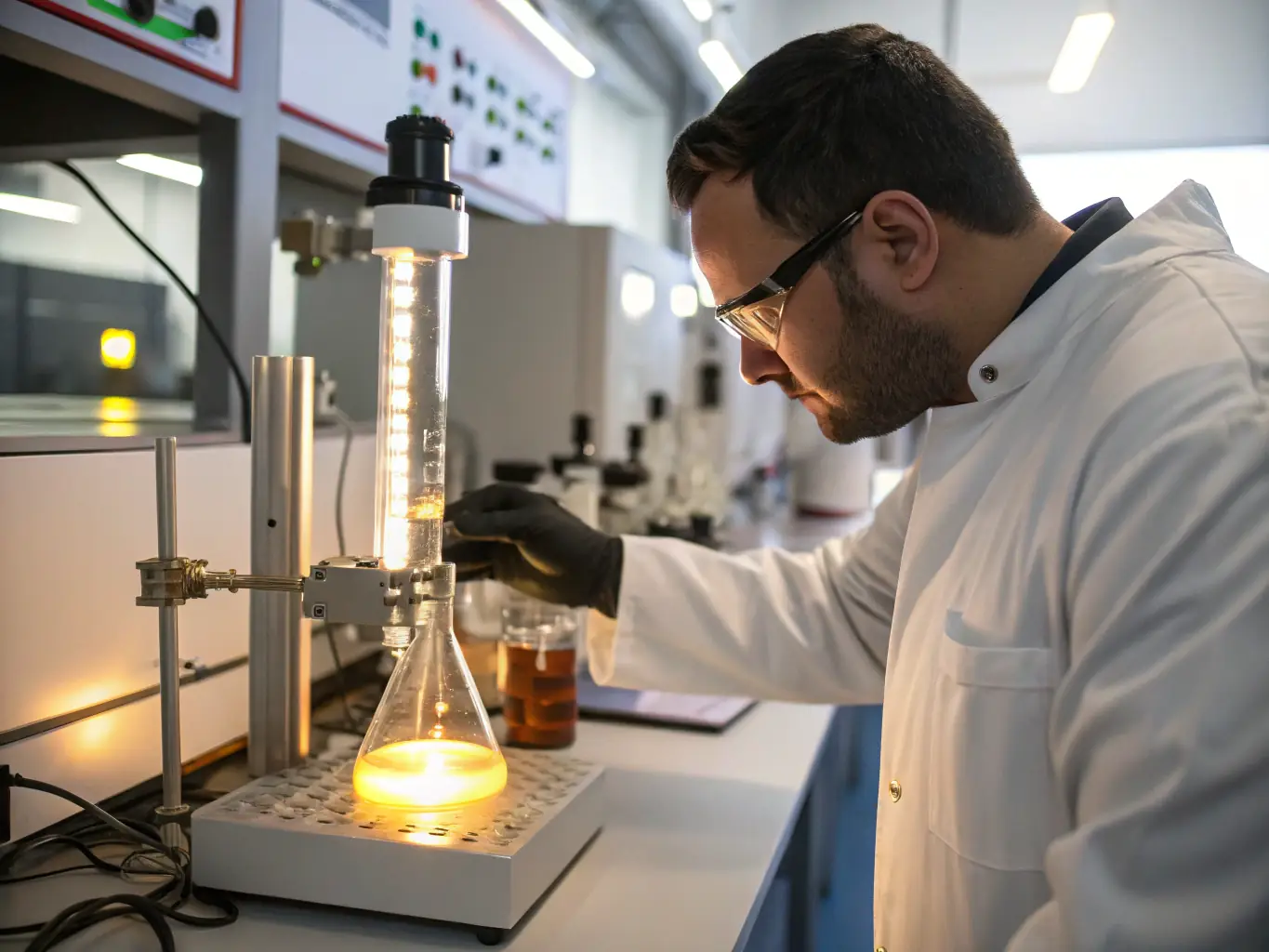 A detailed close-up shot of EN590 fuel being tested in a laboratory, highlighting its purity and quality. The image should convey a sense of precision and reliability, emphasizing Eco-Logistics GmbH's commitment to quality control.