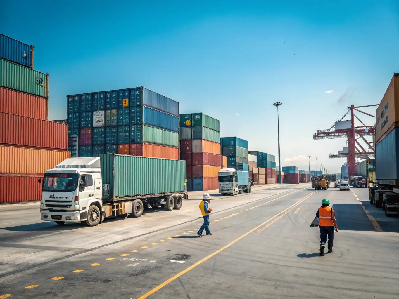 A wide shot of Eco-Logistics' freight transportation arrangement operations, showing various transportation methods like ships, trains, and trucks, emphasizing the global reach and integrated logistics solutions.