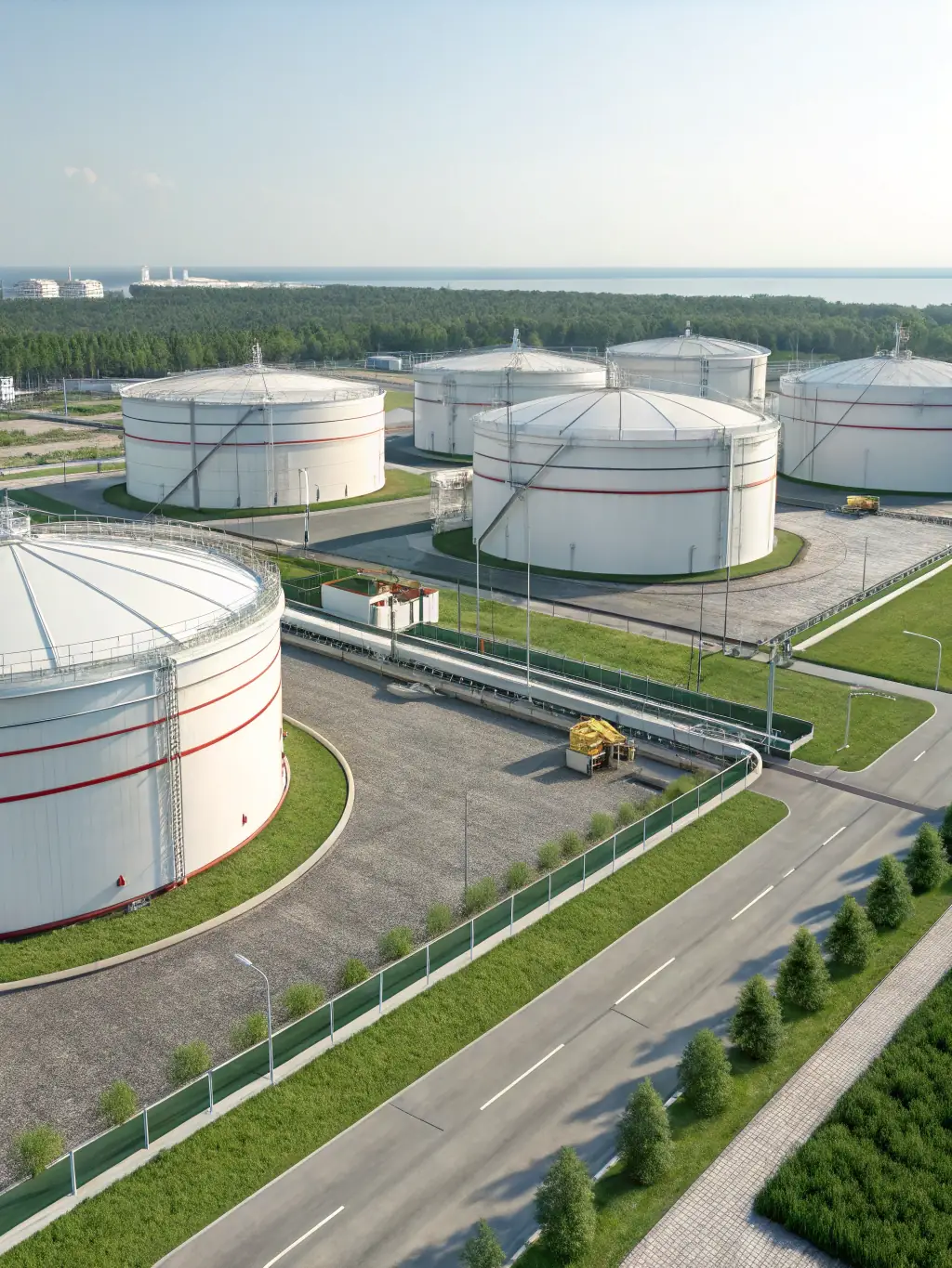 A high-angle, wide shot of Eco-Logistics GmbH's Bad Bentheim facility, showcasing multiple storage tanks filled with refined petroleum products under a clear blue sky, emphasizing the scale and security of the storage operations.